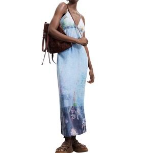 Desigual Floral Denim Slip Dress Maxi Layering Slip V-Neck Indie Festival XS